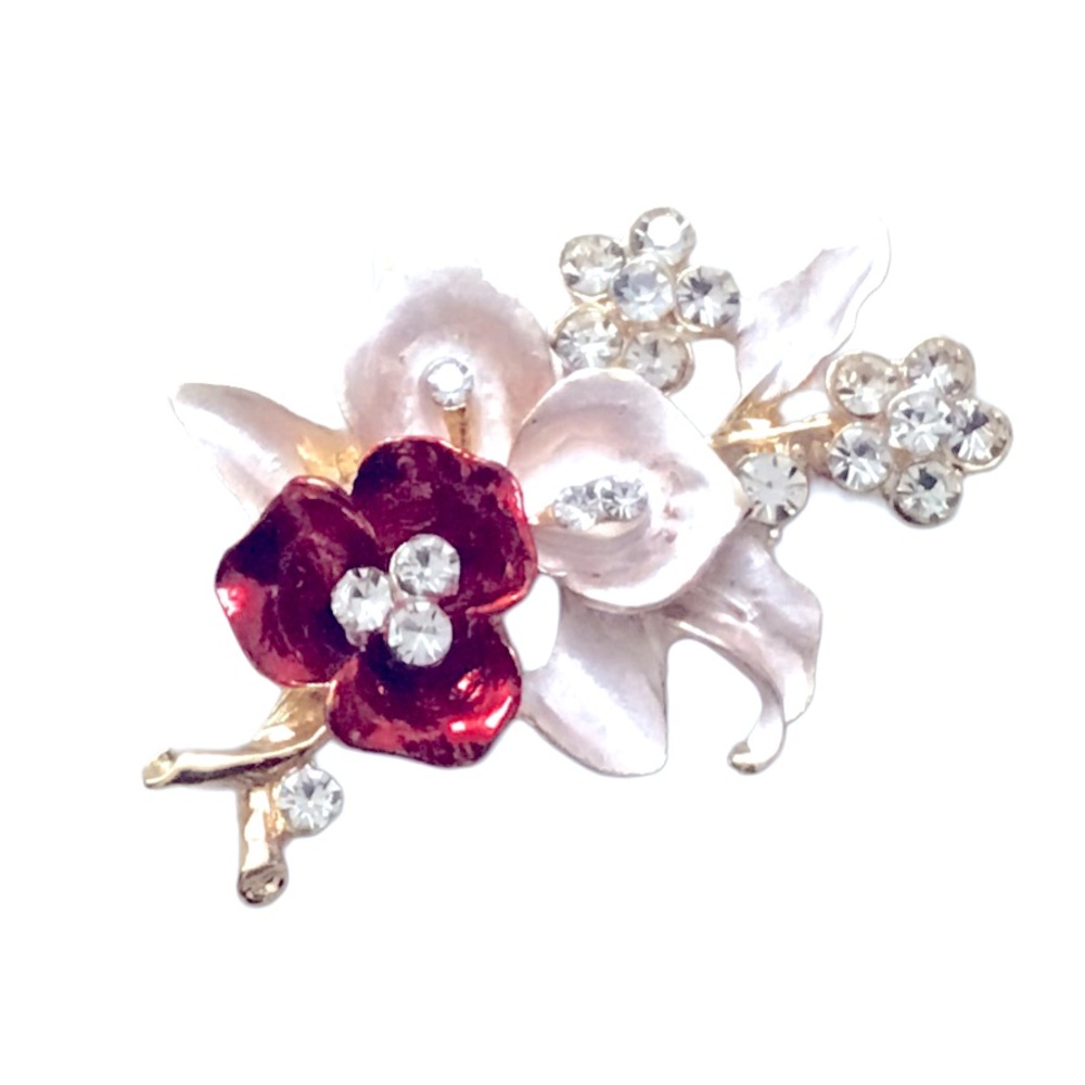 Elegant Pink & Red Flower Rhinestone Brooch Pin